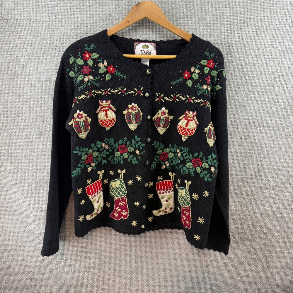 Tiara International Women's Med Christmas Cardigan Sweater Black Embroidered